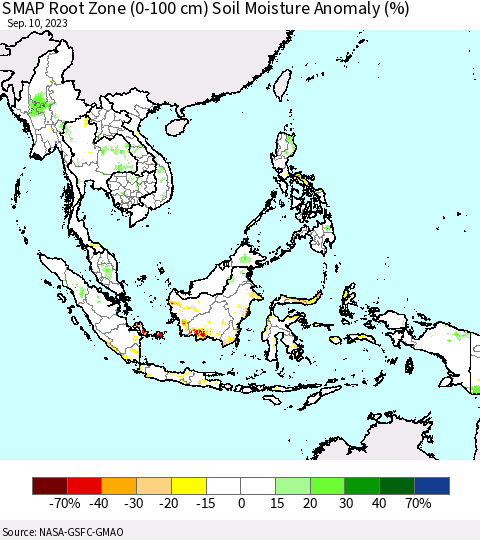 South East Asia SMAP Root Zone (0-100 cm) Soil Moisture Anomaly (%) Thematic Map For 9/6/2023 - 9/10/2023