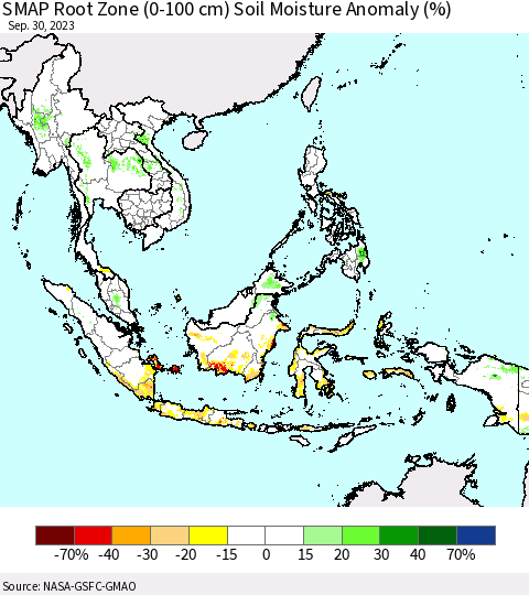 South East Asia SMAP Root Zone (0-100 cm) Soil Moisture Anomaly (%) Thematic Map For 9/26/2023 - 9/30/2023