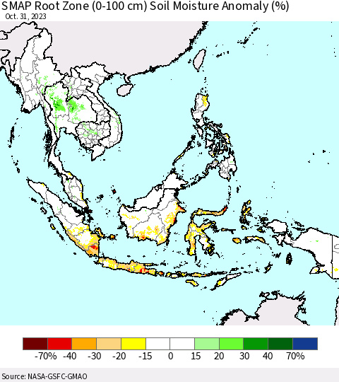 South East Asia SMAP Root Zone (0-100 cm) Soil Moisture Anomaly (%) Thematic Map For 10/26/2023 - 10/31/2023