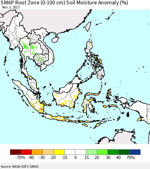 South East Asia SMAP Root Zone (0-100 cm) Soil Moisture Anomaly (%) Thematic Map For 11/1/2023 - 11/5/2023