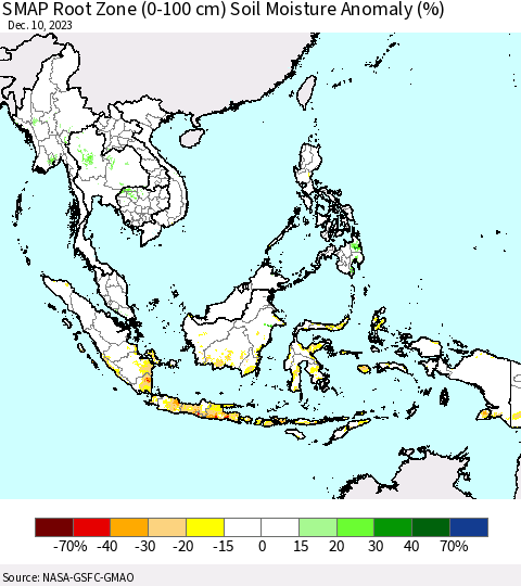 South East Asia SMAP Root Zone (0-100 cm) Soil Moisture Anomaly (%) Thematic Map For 12/6/2023 - 12/10/2023