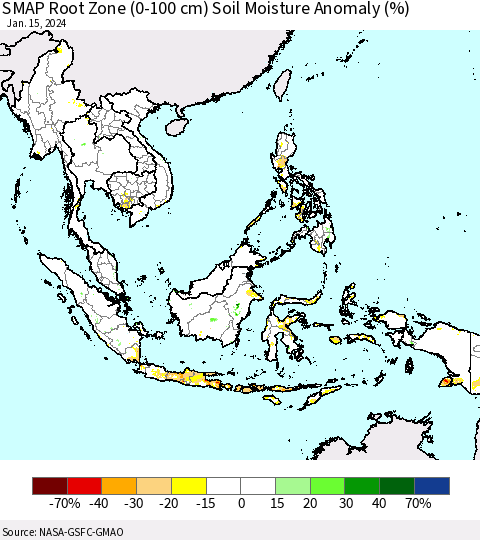 South East Asia SMAP Root Zone (0-100 cm) Soil Moisture Anomaly (%) Thematic Map For 1/11/2024 - 1/15/2024