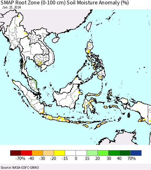 South East Asia SMAP Root Zone (0-100 cm) Soil Moisture Anomaly (%) Thematic Map For 1/21/2024 - 1/25/2024