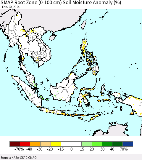 South East Asia SMAP Root Zone (0-100 cm) Soil Moisture Anomaly (%) Thematic Map For 2/16/2024 - 2/20/2024