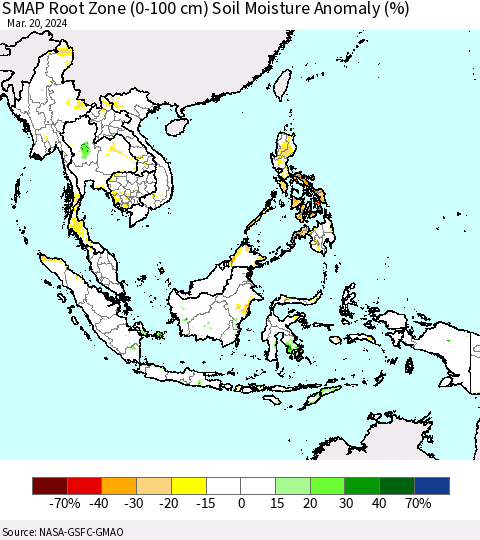 South East Asia SMAP Root Zone (0-100 cm) Soil Moisture Anomaly (%) Thematic Map For 3/16/2024 - 3/20/2024