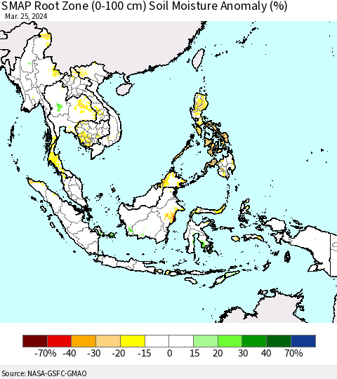 South East Asia SMAP Root Zone (0-100 cm) Soil Moisture Anomaly (%) Thematic Map For 3/21/2024 - 3/25/2024