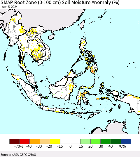 South East Asia SMAP Root Zone (0-100 cm) Soil Moisture Anomaly (%) Thematic Map For 4/1/2024 - 4/5/2024