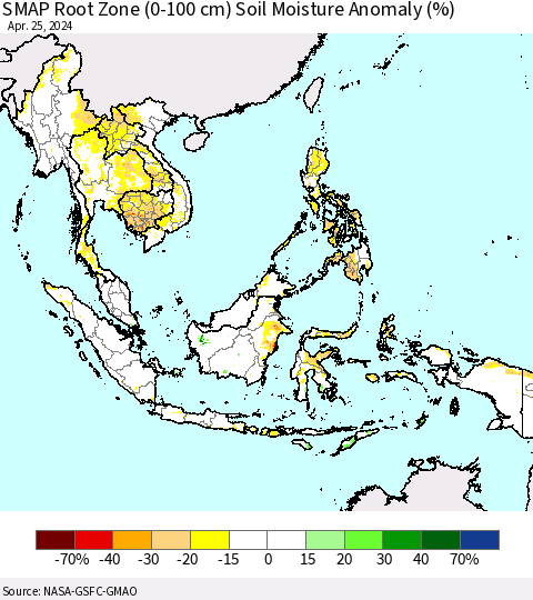 South East Asia SMAP Root Zone (0-100 cm) Soil Moisture Anomaly (%) Thematic Map For 4/21/2024 - 4/25/2024