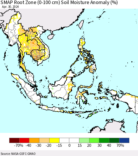 South East Asia SMAP Root Zone (0-100 cm) Soil Moisture Anomaly (%) Thematic Map For 4/26/2024 - 4/30/2024