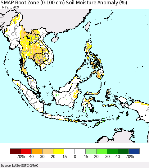 South East Asia SMAP Root Zone (0-100 cm) Soil Moisture Anomaly (%) Thematic Map For 5/1/2024 - 5/5/2024