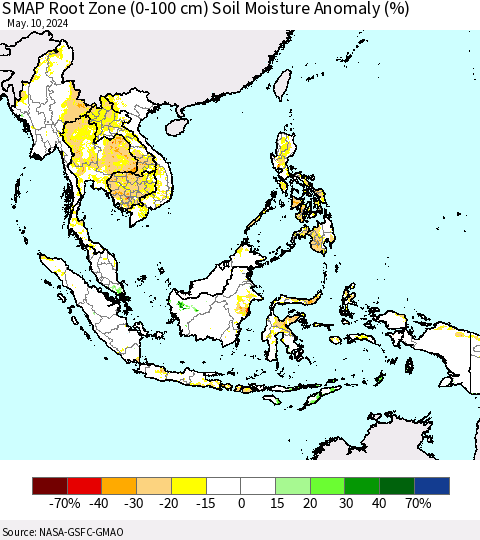 South East Asia SMAP Root Zone (0-100 cm) Soil Moisture Anomaly (%) Thematic Map For 5/6/2024 - 5/10/2024