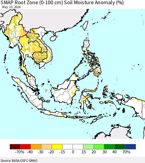 South East Asia SMAP Root Zone (0-100 cm) Soil Moisture Anomaly (%) Thematic Map For 5/11/2024 - 5/15/2024