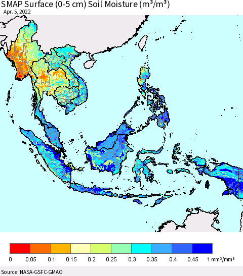 South East Asia SMAP Surface (0-5 cm) Soil Moisture (m³/m³) Thematic Map For 4/1/2022 - 4/5/2022