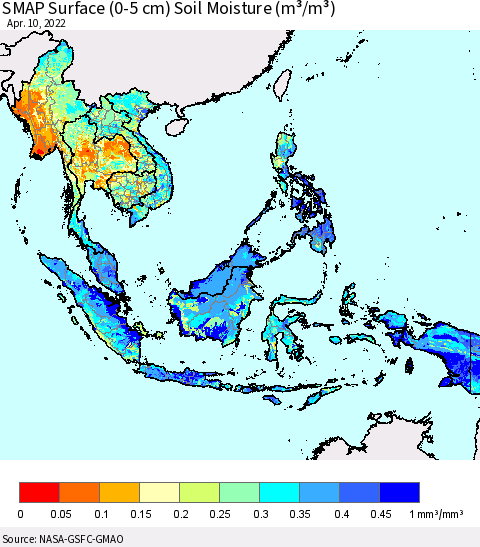 South East Asia SMAP Surface (0-5 cm) Soil Moisture (m³/m³) Thematic Map For 4/6/2022 - 4/10/2022