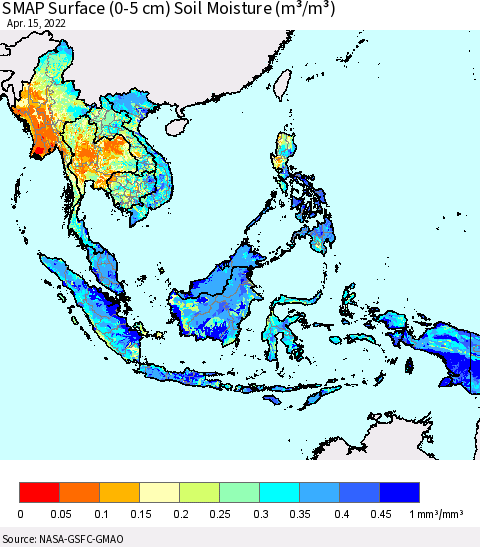 South East Asia SMAP Surface (0-5 cm) Soil Moisture (m³/m³) Thematic Map For 4/11/2022 - 4/15/2022
