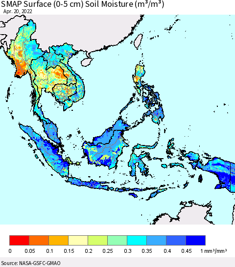 South East Asia SMAP Surface (0-5 cm) Soil Moisture (m³/m³) Thematic Map For 4/16/2022 - 4/20/2022