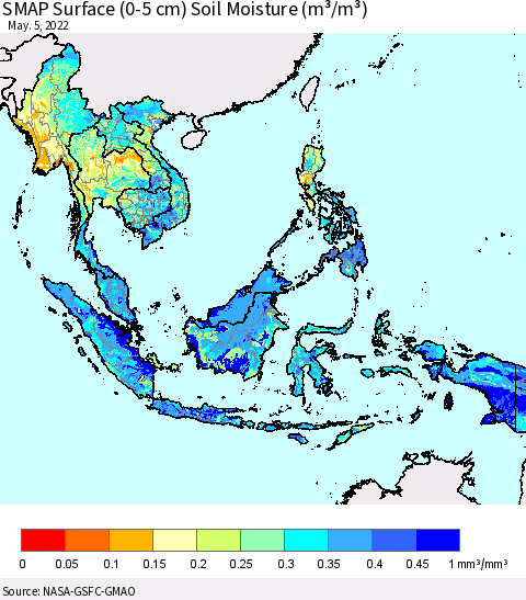South East Asia SMAP Surface (0-5 cm) Soil Moisture (m³/m³) Thematic Map For 5/1/2022 - 5/5/2022