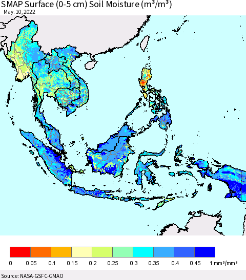 South East Asia SMAP Surface (0-5 cm) Soil Moisture (m³/m³) Thematic Map For 5/6/2022 - 5/10/2022