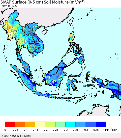 South East Asia SMAP Surface (0-5 cm) Soil Moisture (m³/m³) Thematic Map For 5/11/2022 - 5/15/2022