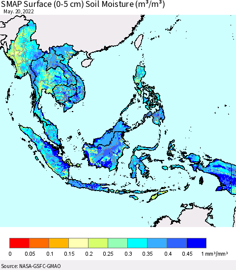 South East Asia SMAP Surface (0-5 cm) Soil Moisture (m³/m³) Thematic Map For 5/16/2022 - 5/20/2022