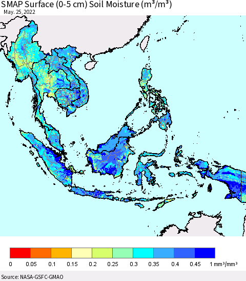 South East Asia SMAP Surface (0-5 cm) Soil Moisture (m³/m³) Thematic Map For 5/21/2022 - 5/25/2022