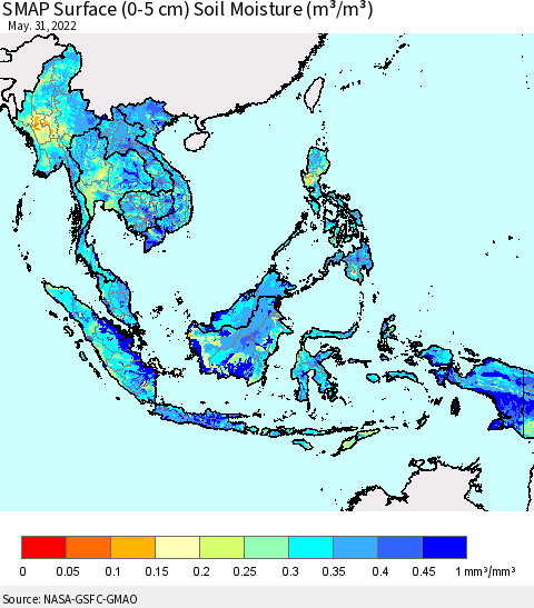 South East Asia SMAP Surface (0-5 cm) Soil Moisture (m³/m³) Thematic Map For 5/26/2022 - 5/31/2022