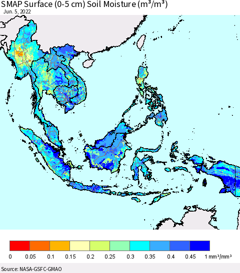 South East Asia SMAP Surface (0-5 cm) Soil Moisture (m³/m³) Thematic Map For 6/1/2022 - 6/5/2022