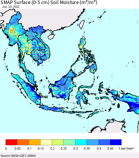 South East Asia SMAP Surface (0-5 cm) Soil Moisture (m³/m³) Thematic Map For 6/6/2022 - 6/10/2022