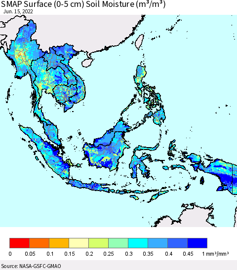 South East Asia SMAP Surface (0-5 cm) Soil Moisture (m³/m³) Thematic Map For 6/11/2022 - 6/15/2022