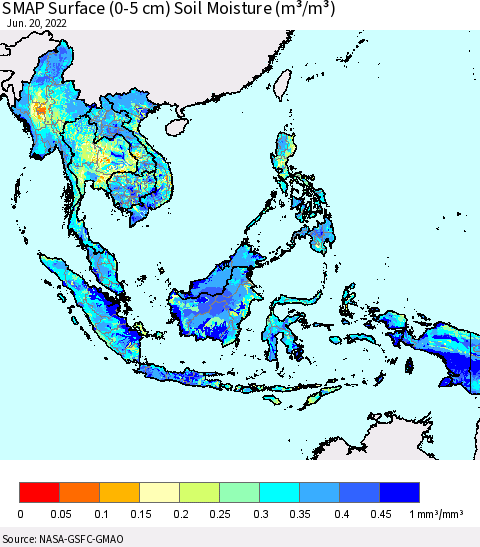 South East Asia SMAP Surface (0-5 cm) Soil Moisture (m³/m³) Thematic Map For 6/16/2022 - 6/20/2022