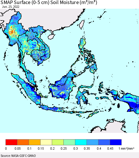 South East Asia SMAP Surface (0-5 cm) Soil Moisture (m³/m³) Thematic Map For 6/21/2022 - 6/25/2022