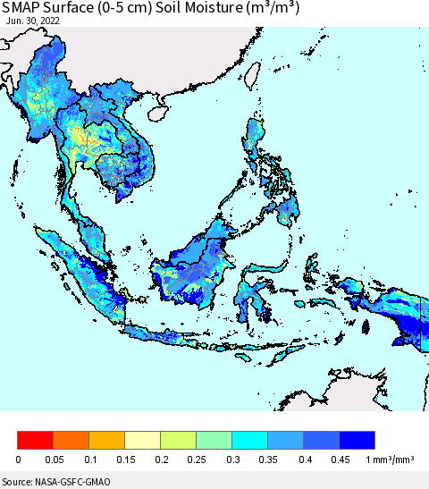 South East Asia SMAP Surface (0-5 cm) Soil Moisture (m³/m³) Thematic Map For 6/26/2022 - 6/30/2022