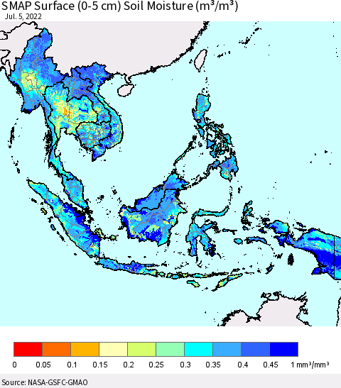 South East Asia SMAP Surface (0-5 cm) Soil Moisture (m³/m³) Thematic Map For 7/1/2022 - 7/5/2022