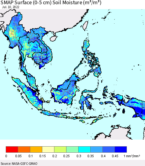 South East Asia SMAP Surface (0-5 cm) Soil Moisture (m³/m³) Thematic Map For 7/6/2022 - 7/10/2022