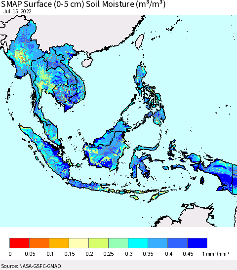South East Asia SMAP Surface (0-5 cm) Soil Moisture (m³/m³) Thematic Map For 7/11/2022 - 7/15/2022
