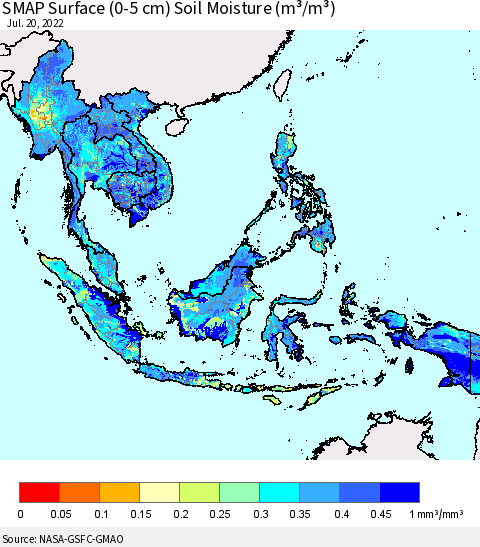South East Asia SMAP Surface (0-5 cm) Soil Moisture (m³/m³) Thematic Map For 7/16/2022 - 7/20/2022