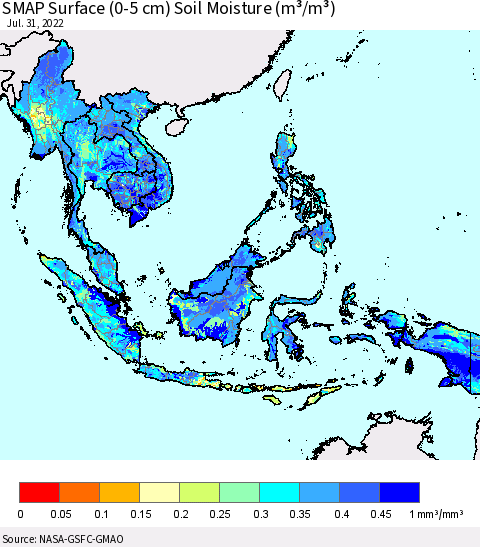 South East Asia SMAP Surface (0-5 cm) Soil Moisture (m³/m³) Thematic Map For 7/26/2022 - 7/31/2022