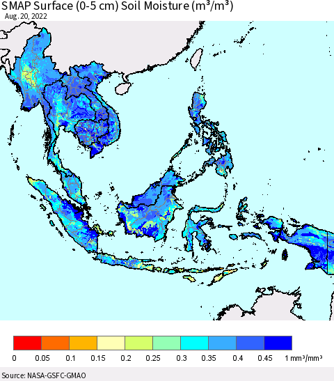 South East Asia SMAP Surface (0-5 cm) Soil Moisture (m³/m³) Thematic Map For 8/16/2022 - 8/20/2022