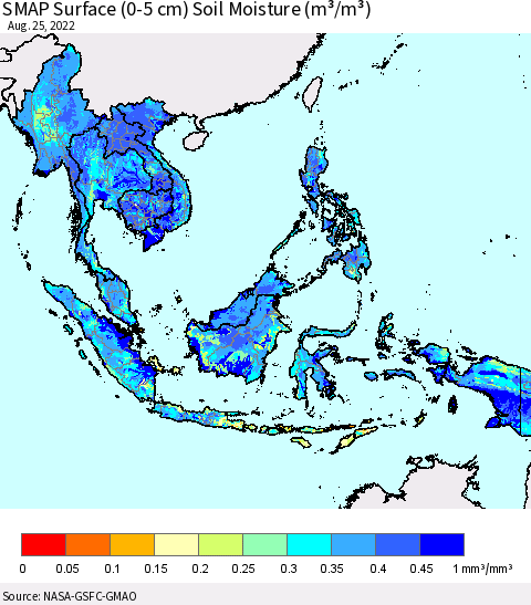 South East Asia SMAP Surface (0-5 cm) Soil Moisture (m³/m³) Thematic Map For 8/21/2022 - 8/25/2022