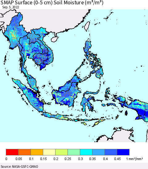 South East Asia SMAP Surface (0-5 cm) Soil Moisture (m³/m³) Thematic Map For 9/1/2022 - 9/5/2022