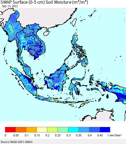 South East Asia SMAP Surface (0-5 cm) Soil Moisture (m³/m³) Thematic Map For 9/11/2022 - 9/15/2022