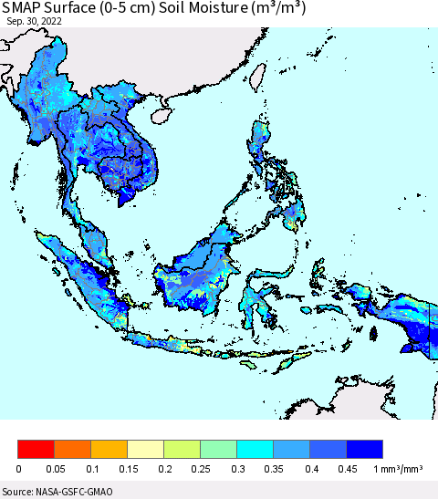 South East Asia SMAP Surface (0-5 cm) Soil Moisture (m³/m³) Thematic Map For 9/26/2022 - 9/30/2022