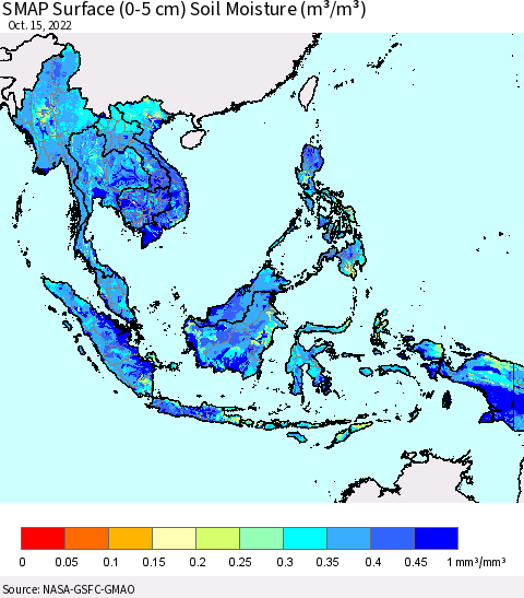 South East Asia SMAP Surface (0-5 cm) Soil Moisture (m³/m³) Thematic Map For 10/11/2022 - 10/15/2022
