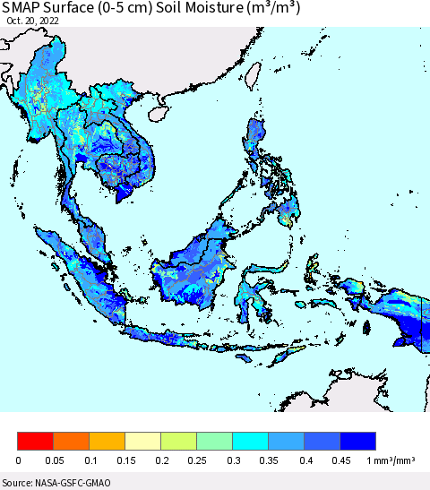 South East Asia SMAP Surface (0-5 cm) Soil Moisture (m³/m³) Thematic Map For 10/16/2022 - 10/20/2022