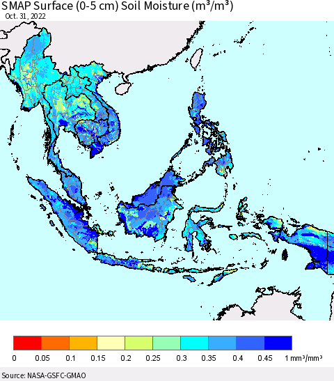 South East Asia SMAP Surface (0-5 cm) Soil Moisture (m³/m³) Thematic Map For 10/26/2022 - 10/31/2022