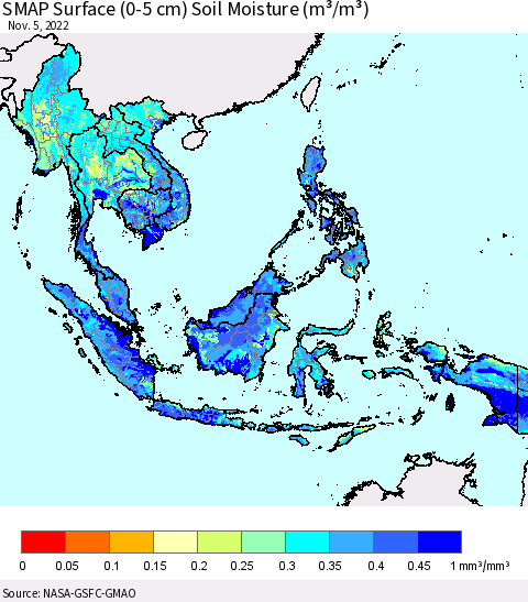 South East Asia SMAP Surface (0-5 cm) Soil Moisture (m³/m³) Thematic Map For 11/1/2022 - 11/5/2022