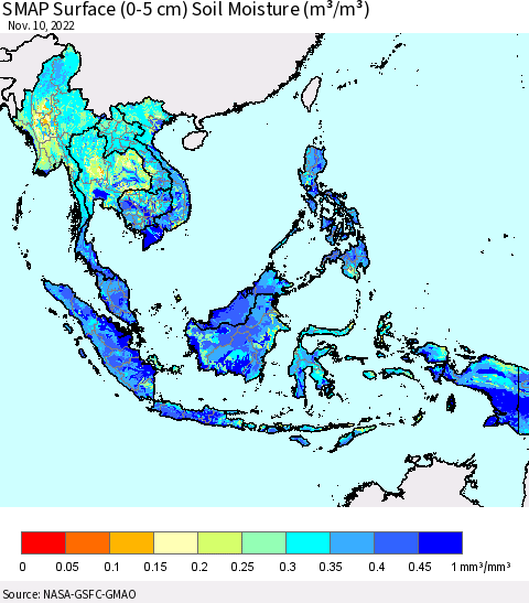 South East Asia SMAP Surface (0-5 cm) Soil Moisture (m³/m³) Thematic Map For 11/6/2022 - 11/10/2022