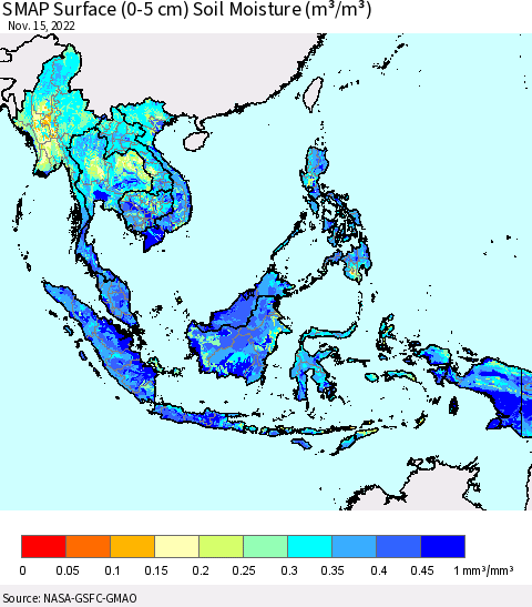 South East Asia SMAP Surface (0-5 cm) Soil Moisture (m³/m³) Thematic Map For 11/11/2022 - 11/15/2022