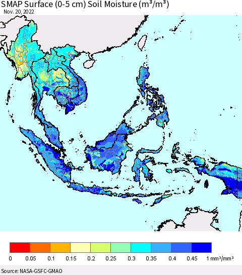 South East Asia SMAP Surface (0-5 cm) Soil Moisture (m³/m³) Thematic Map For 11/16/2022 - 11/20/2022