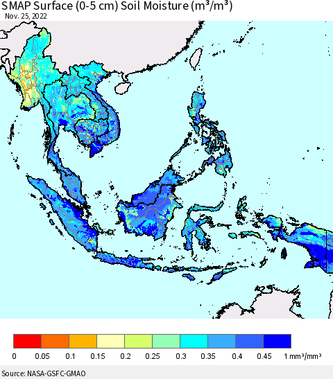South East Asia SMAP Surface (0-5 cm) Soil Moisture (m³/m³) Thematic Map For 11/21/2022 - 11/25/2022